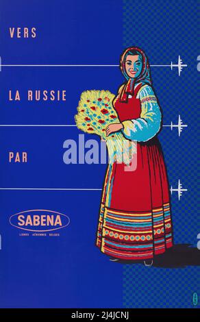 Poster di viaggio SABENA Airline Vintage 1950s - Russia Foto Stock