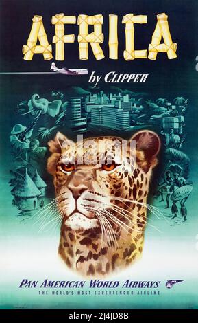 POSTER DI VIAGGIO VINTAGE CIRCA 1950 - PAN AMERICAN WORLD AIRWAYS - AFRICA BY CLIPPER Foto Stock