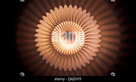 Luminoso motivo ipnotico con fiore rotondo. Movimento. Spostamento al centro del modello 3D. Modello ipnotico 3D con fiore tondo scintillante Foto Stock