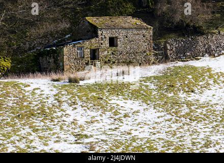 Fienile in pietra a Swaledale, Yorkshire Dales National Park. Campi innevati alla fine di febbraio. Foto Stock