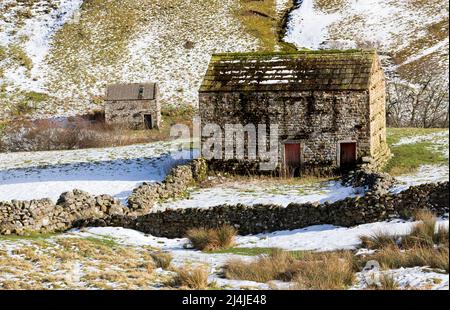 Fienile in pietra vicino Angram a Swaledale, Yorkshire Dales National Park. Campi innevati alla fine di febbraio. Foto Stock