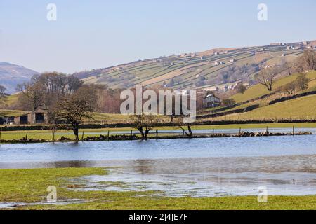 Campi allagati vicino Reeth a Swaledale, Yorkshire Dales National Park. Iconici granai in pietra e muri in pietra a secco sulla collina sopra. Foto Stock