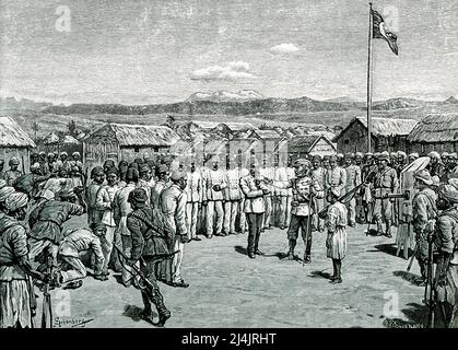 La didascalia del 1890 recita: 'Indirizzo agli ufficiali ribelli a Kavalli.' E’ il libro di H M Stanley, in Africa più oscura. Sir Henry Morton Stanley (1841-1904) è stato un . Nel 1871, il New York Herald lo mandò in Africa per trovare David Livingstone. Durante la spedizione del 1879-1884, ottenne concessioni territoriali che portarono all'acquisizione belga del Congo Free state. Foto Stock