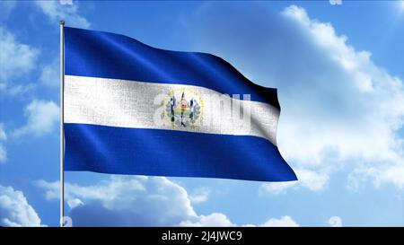 El Salvador bandiera ondeggiante nel vento, loop senza cuciture. Movimento. Tessuto bandiera bianco e blu su sfondo cielo nuvoloso blu. Foto Stock