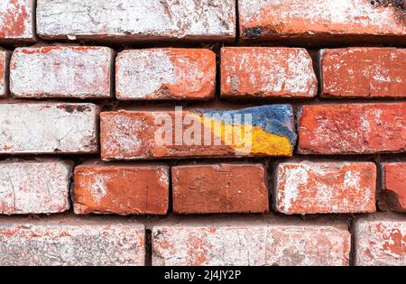 Bandiera dell'Ucraina su vecchio muro di mattoni sullo sfondo. Concettuale Foto Stock