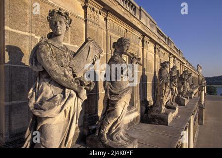 Francia. Yvelines (78) Reggia di Versailles - Aile du Midi, facciata ovest: Foto aerea di un insieme di statue, dee, dedicate alle arti della musica. Foto Stock