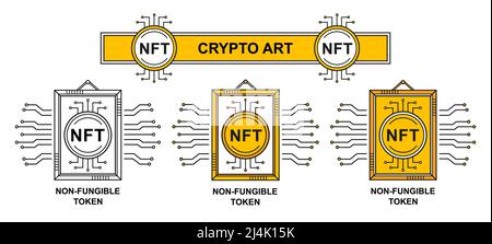 Token non-fungibile NFT, icona della tecnologia crypto art blockchain. Moneta virtuale criptovaluta. Unica galleria di immagini del Internet dei collectibles. Vettore Illustrazione Vettoriale