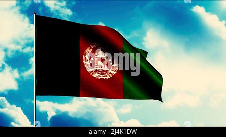 La bandiera dell'Afghanistan. Movimento. Una bandiera tricolore con un motivo bianco al centro è svolazzante nel vento. Foto Stock