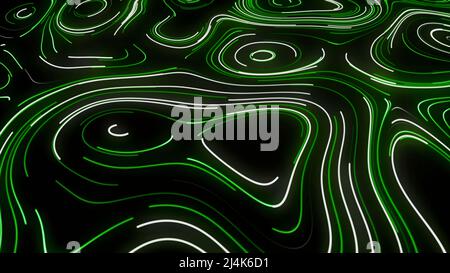Astrazione. Movimento. Accanto a quelle bianche su sfondo nero compaiono linee spesse di colore verde chiaro e viola sottile. Foto Stock