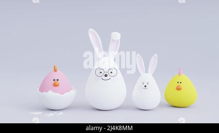 sfondo festivo per pasqua, conigli bianco di pasqua pollo giallo e pollo covato in uno sfondo blu conchiglia. rappresentazione 3d, illustrazione 3d Foto Stock