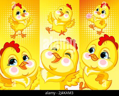 Set di striscioni verticali con polli carini. Tre poster con animali da cartoni animati. Illustrazione vettoriale. Sfondo con uccelli. Per stampa, segnalibri, statistiche Illustrazione Vettoriale