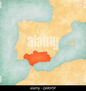 Andalusia sulla mappa della penisola iberica in morbido grunge e vintage stile su carta vecchia. Foto Stock