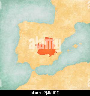 Castilla-la Mancha sulla mappa della penisola iberica in morbido grunge e vintage stile su carta vecchia. Foto Stock