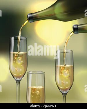 Bicchieri vettoriali di champagne e versamento da una bottiglia su bokeh sfondo Illustrazione Vettoriale