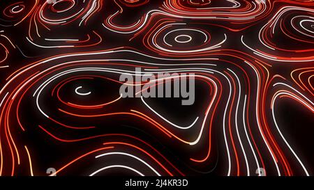 Astratto linee creative al neon che fanno sentieri colorati sulla superficie nera. Movimento. Strisce curve e piegate che si muovono lentamente su sfondo nero. Foto Stock