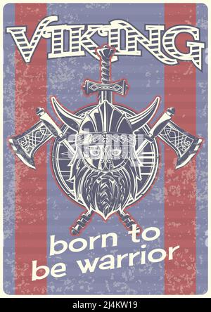 Poster vintage con illustrazione di un vichingo con assi e uno scudo. Illustrazione Vettoriale