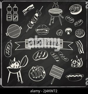 Barbecue e grigliate party gesso bordo elementi decorativi set isolato illustrazione vettoriale Illustrazione Vettoriale