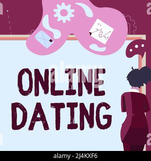 Scrittura a mano segno Online Incontri. Internet Concept Ricerche relazioni di corrispondenza eDating Video chatting Businesswoman che presenta la proposta di affari Foto Stock