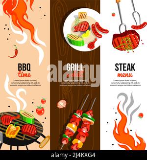 Barbecue party 3 banner verticali piatti con bistecca alla griglia salsicce e verdure astratte illustrazione vettoriale isolata Illustrazione Vettoriale