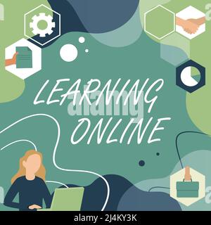 Apprendimento delle didascalie concettuali online. Business Overview Impara qualcosa di nuovo con l'aiuto di internet e tecnologia Donna pensiero innovativo leader Foto Stock