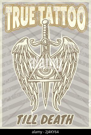 Poster vintage con illustrazione delle ali e una spada sullo sfondo. Illustrazione Vettoriale