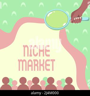 Cartello che mostra mercato Niche. Business showcase sottoinsieme del mercato su cui si concentra il prodotto specifico mano Holding Magnifying Glass esaminare Foto Stock