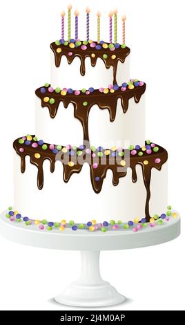 Torta di compleanno realistica con candele al cioccolato e gocce dolci illustrazione vettoriale Illustrazione Vettoriale