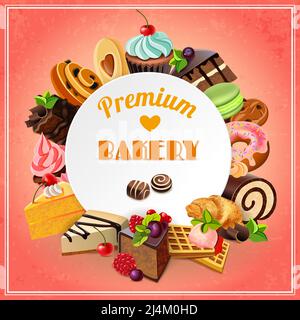 Poster promozionale di alta qualità per panetteria con dolci e pasticceria diversi illustrazione vettoriale Illustrazione Vettoriale