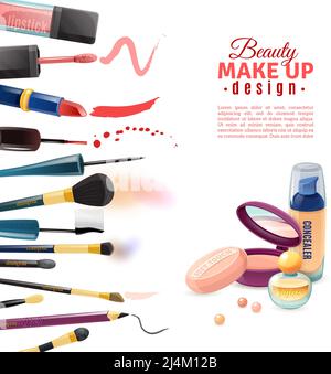 Poster pubblicitario trucco di bellezza con nailpolish realistico e vernice viso i prodotti cosmetici rouge campionano l'illustrazione vettoriale del bordo Illustrazione Vettoriale