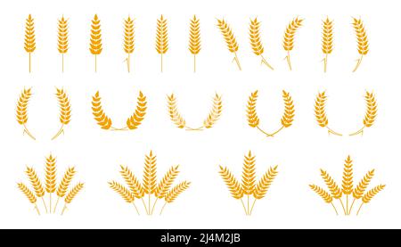 Loghi delle corone di grano. Icone dell'orecchio di grano. Simboli delle orecchie vettoriali per l'agricoltura. Illustrazione Vettoriale