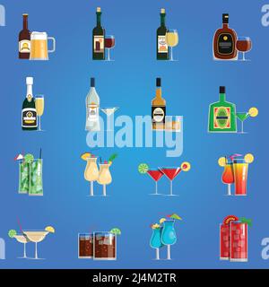Cocktail icone piatto con bevande alcoliche in bottiglia e. occhiali immagine vettoriale isolata Illustrazione Vettoriale