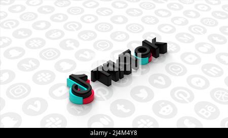 Il logo Bright TikTok. Movimento. Un'astrazione su cui le particelle nere si raccolgono e creano un logo di social network. Foto Stock