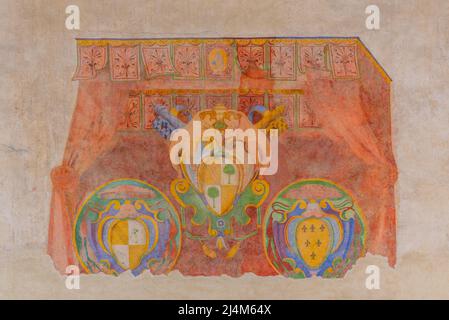 Spoleto, 3 ottobre 2021: Affreschi del castello di Spoleto in Italia. Foto Stock