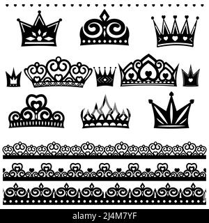 Set di accessori Crown, illustrazione vettoriale, isolato su sfondo bianco, contorno nero, scarabocchio Illustrazione Vettoriale
