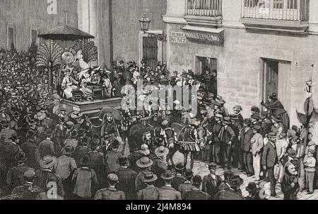 Storia della Spagna. Andalusia. Carnevale di Cadice. Galleggiante degli Astros. Decorate in stile assiro. Sul carro furono raffigurati il Sole e la Luna, abbracciati con amore sotto un grande ombrello. Incisione di Sampietro. La Ilustración Española y americana, 1898. Foto Stock