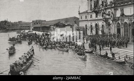 Viaggio degli imperatori di Germania in Terra Santa, Guglielmo II di Germania (1859-1949) e Augusta Victoria di Schleswig-Holstein (1858-1921). Arrivo a Venezia. L'immagine rappresenta il momento di lasciare la stazione ferroviaria dei sovrani tedeschi e italiani per imbarcarsi sulla gondola di corte, che li portò lungo il Canal Grande al Palazzo Ducale, il 13 ottobre 1898. Alla stazione ricevettero gli imperatori tedeschi, Humbert i d'Italia e Margherita di Savoia. Incisione. La Ilustración Española y americana, 1898. Foto Stock