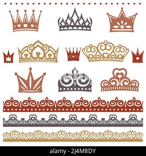 Set di accessori Crown, illustrazione vettoriale, isolato su sfondo bianco, contorno nero, scarabocchio Illustrazione Vettoriale