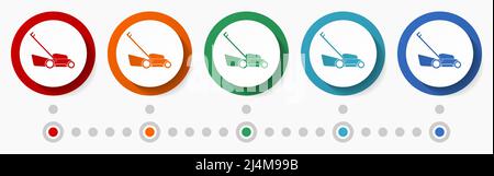 Set di icone vettoriali per il concetto di tosaerba, modello infografico, bottoni web colorati con design piatto in 5 opzioni di colore Illustrazione Vettoriale