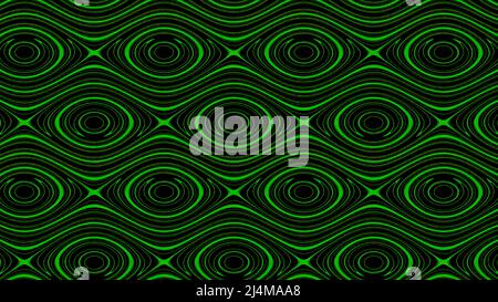 Sfondo. Design. Lo sfondo verde e arancione su cui i cerchi sono illuminati si allarga e si restringe creando un effetto caleidoscopico. Foto Stock