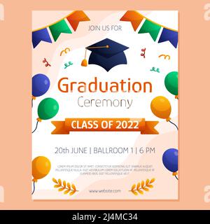 Poster di invito alla cerimonia di laurea cappellino, ghirlanda e balloni per studenti. Modello di layout vettoriale. Invito alla cerimonia di laurea. Design del volantino per studenti. Illustrazione Vettoriale