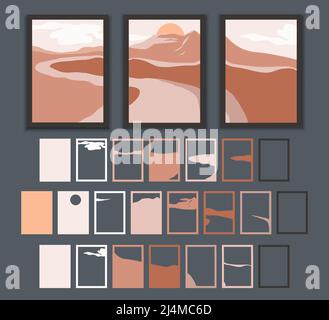 Astratto paesaggio trittico. Fiume o strada e montagna al tramonto. Stampe da parete con decorazioni artistiche. Illustrazione vettoriale beige. Muro boho artistico stampabile Illustrazione Vettoriale