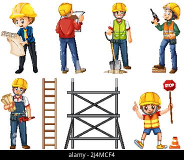 Set di oggetti per cantieri e illustrazione dei lavoratori Illustrazione Vettoriale
