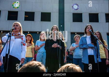 Le donne ucraine ospitate nella città sono viste cantare l'inno nazionale ucraino. Sotto il motto, 'music connects people', il musicista Nijmegen Mart Heijmans ha riunito 400 musicisti al Waalkade per cantare l'inno nazionale ucraino e altre canzoni per dimostrare la loro solidarietà con l'Ucraina. Circa 250 di loro sono stati rifugiati ucraini ricevuti negli ultimi mesi nella città. Quattro cantanti ucraini fuggiti, tra cui un cantante lirico, hanno eseguito qualche canzone prima di una folla attenta ed emotiva. (Foto di Ana Fernandez/SOPA Images/Sipa USA) Foto Stock