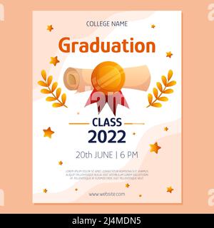 Invito a un poster di laurea con sceneggiatura di diploma e medaglia d'oro, stelle e rami. Modello di layout vettoriale. Invito alla cerimonia di laurea. Design del volantino per studenti. Illustrazione Vettoriale