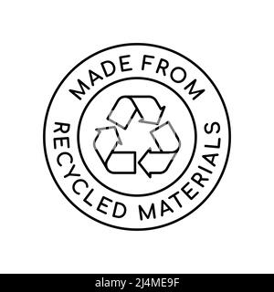 Realizzato con logo di materiali riciclati. Riciclare il segno in un cerchio. simbolo riciclato al 100%. Moda sostenibile e industria rispettosa dell'ambiente. Vettore Illustrazione Vettoriale