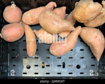 Patate dolci sane in mostra in un negozio al dettaglio. Foto Stock