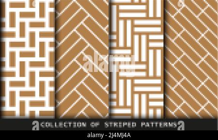 Set vettoriale di motivi dorati piastrellati senza giunture. Collezione di rivestimenti in laminato per pavimenti in parquet a spina di pesce Illustrazione Vettoriale