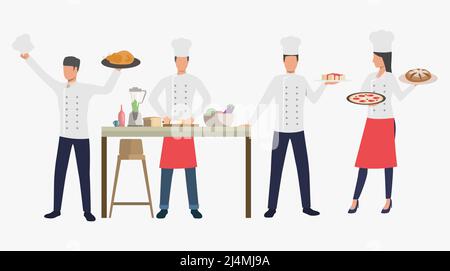 Cucina con piatti nella cucina del ristorante. Cena, cucina, concetto di cibo. L'illustrazione vettoriale può essere usata per gli argomenti come il catering, culinario, cucinando Illustrazione Vettoriale