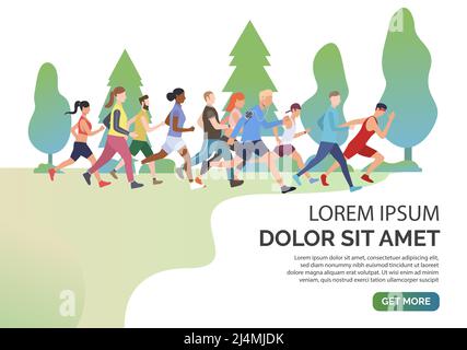 Diapositiva con persone che scorrono insieme nell'illustrazione del vettore del parco. Gara, competizione, allenamento a lunga distanza. Concetto di sport. Progettare per la temp. Del sito Web Illustrazione Vettoriale