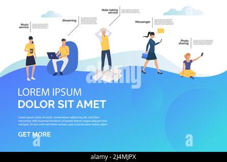 Messenger, streaming e musica on-line servizi di pubblicità. Applicazione, concetto di sito Web, modello di presentazione con testo di esempio. Può essere utilizzato Illustrazione Vettoriale